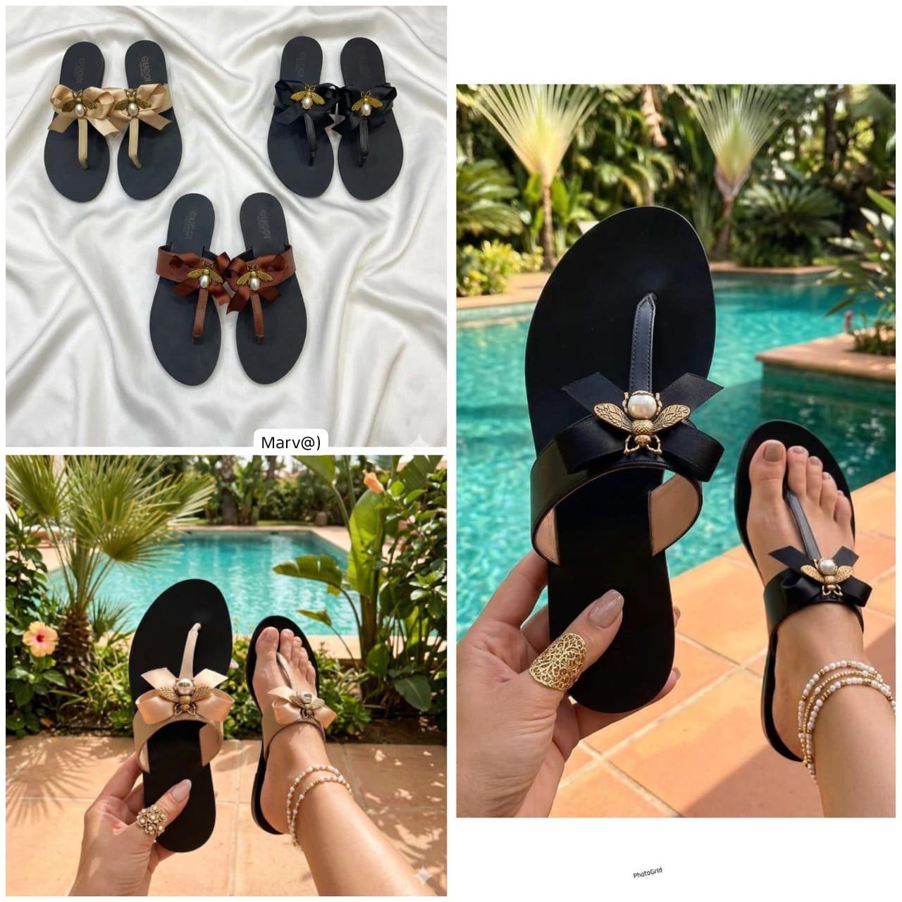 Gucci Women's Bee and Pearl Bow Thong Sandals