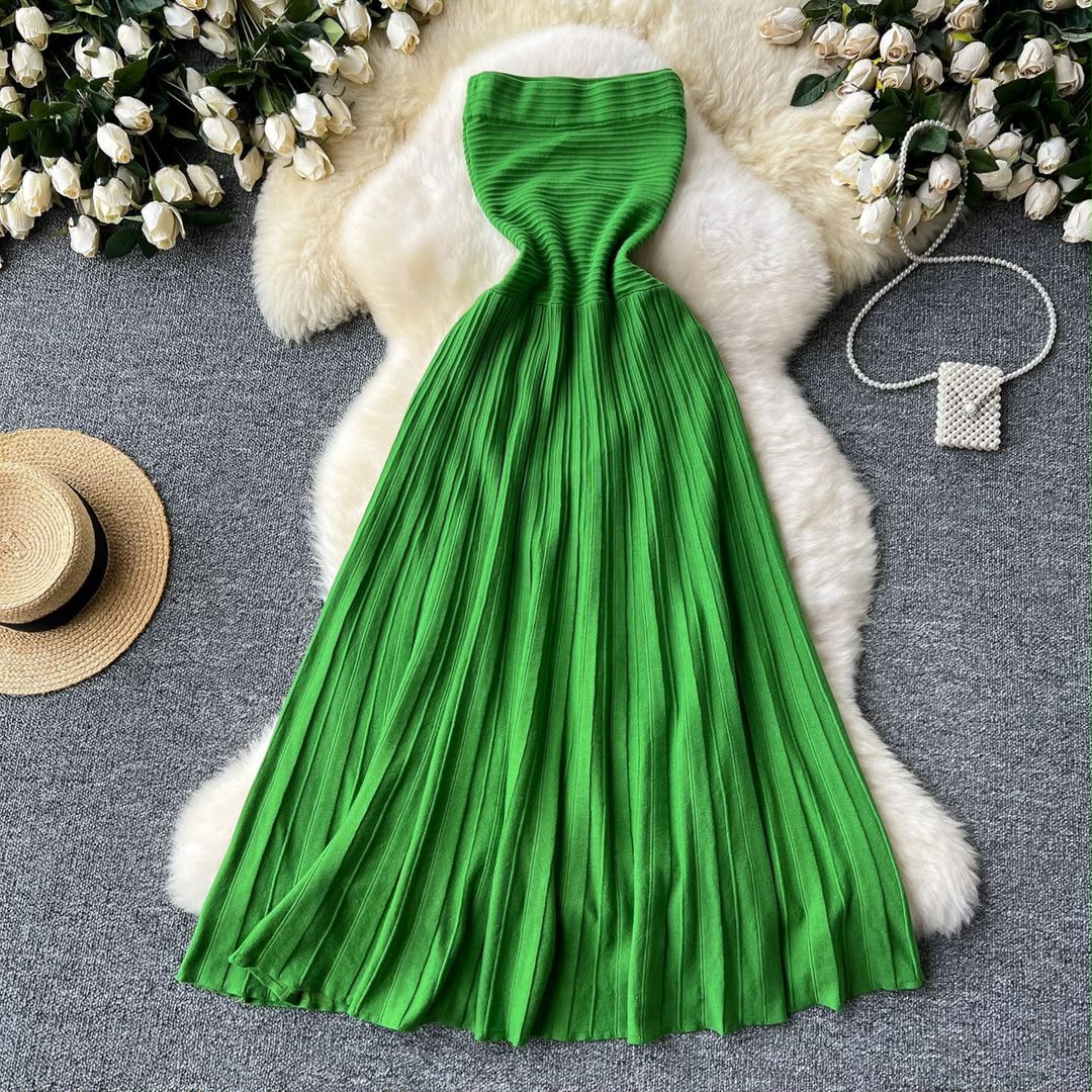 Women’s Premium Ribbed Pleated Tube Maxi Dress - Image 3