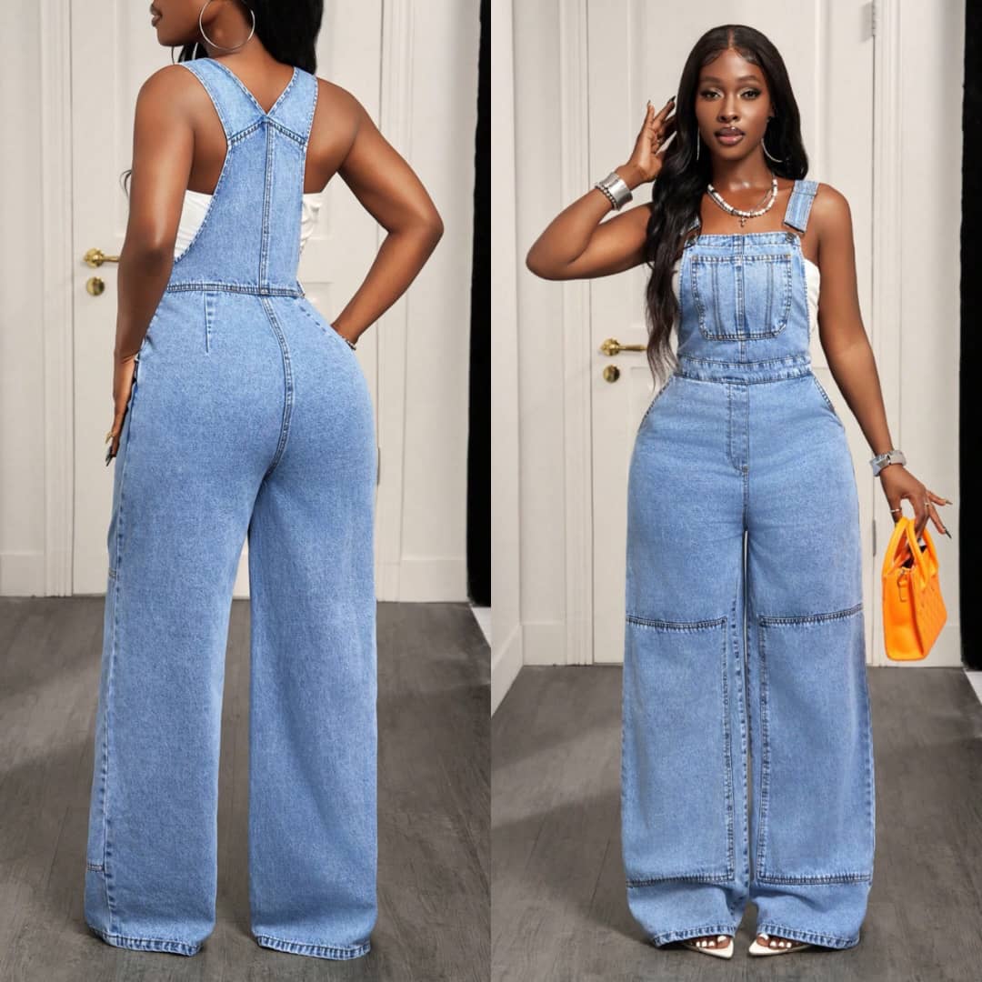 Premium Light Wash Denim Dungarees & Casual High-Waisted Flare Streetwear - Image 5