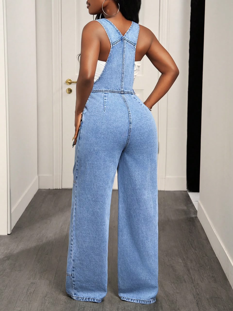 Premium Light Wash Denim Dungarees & Casual High-Waisted Flare Streetwear - Image 3
