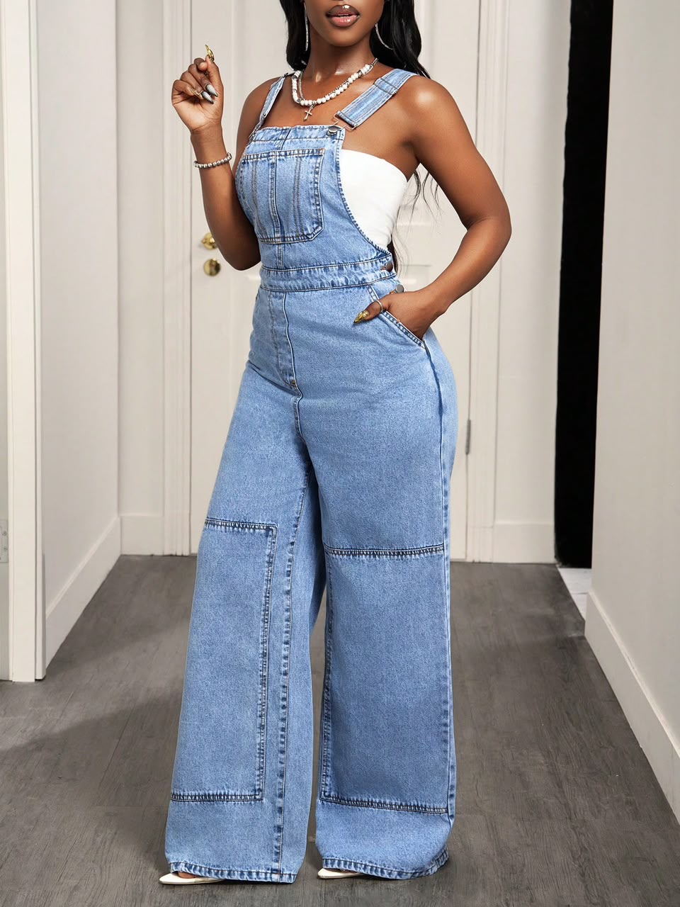 Premium Light Wash Denim Dungarees & Casual High-Waisted Flare Streetwear - Image 4