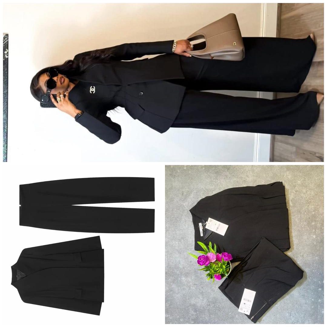 Women’s Two-Piece High-Collar Blazer and Wide-Leg Pant Suit Set - Image 3