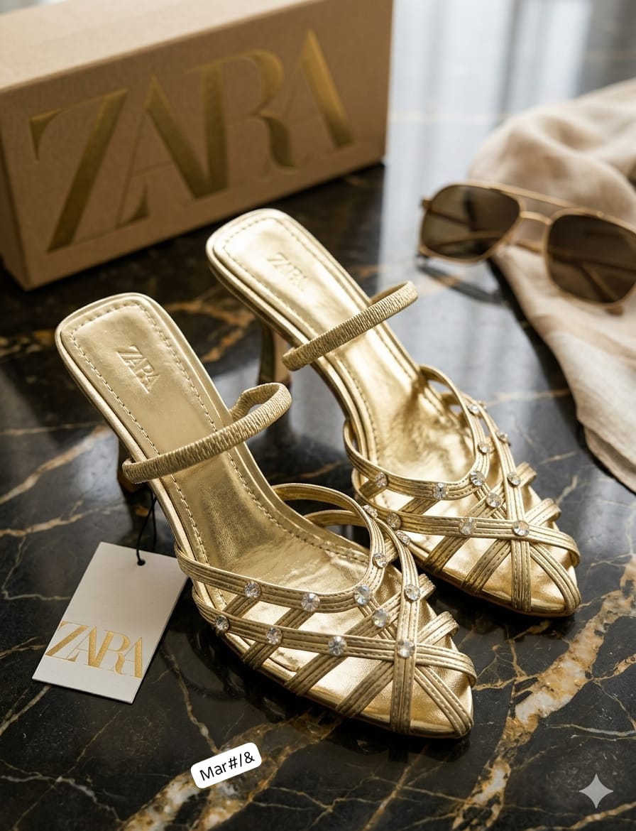 Zara Women's Metallic Gold Rhinestone Criss-Cross Strap Kitten Heel Mules