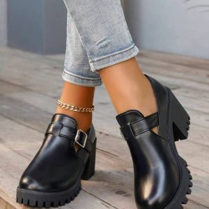 Women's Platform Lug-Sole Buckled Loafer Boots with Block Heel