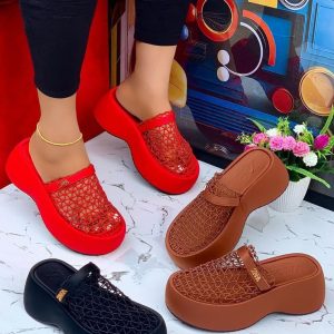 Chic Fishnet Open-Toe Wedge Slide