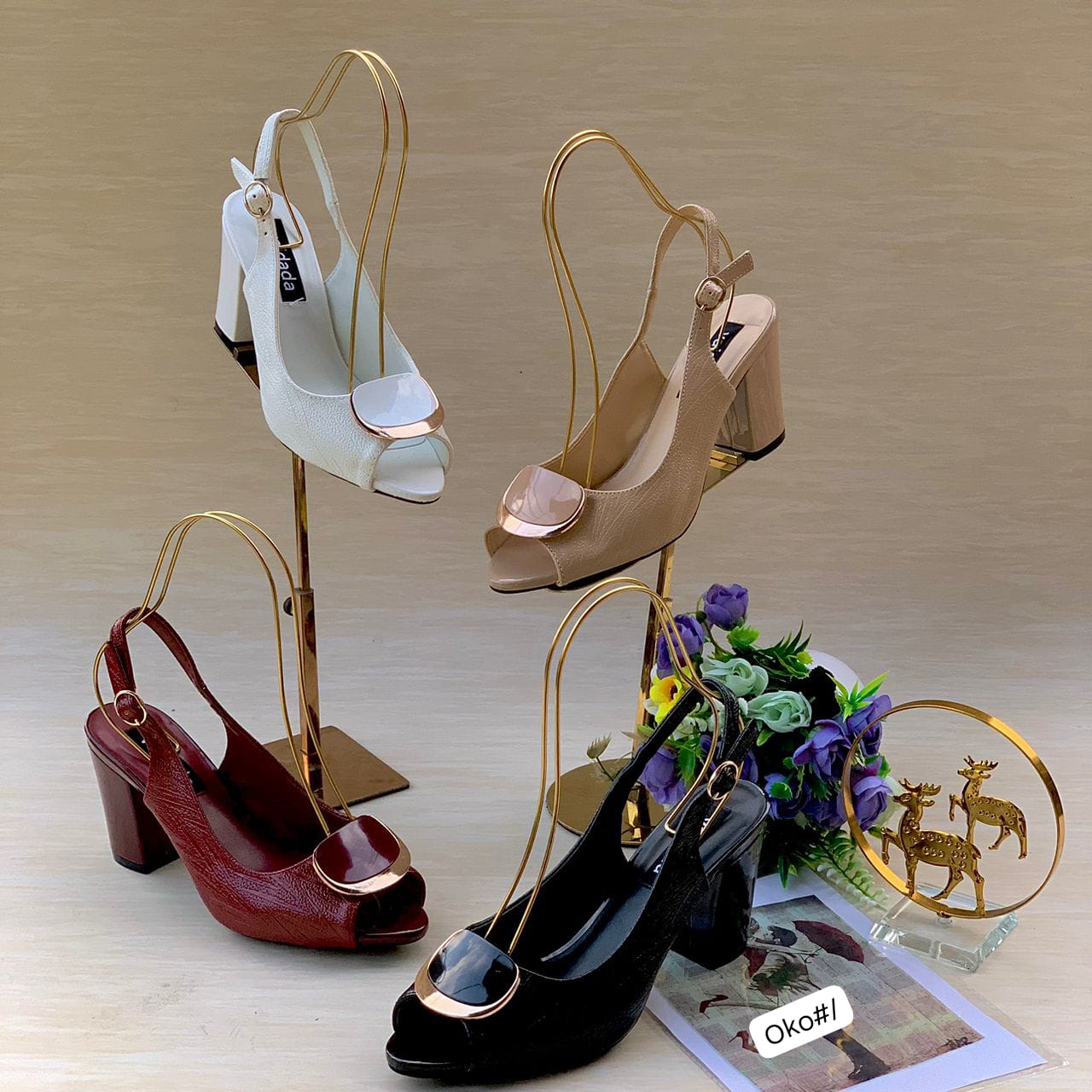 Elegant Peep-Toe Slingback Block Heels with Metallic Accents