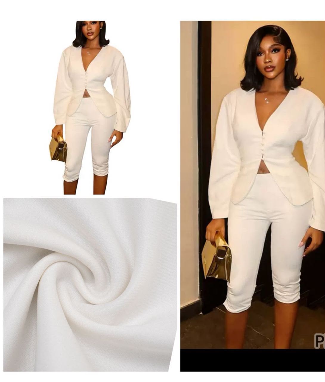 Women's Chic Plunge V-Neck Button-Up Peplum Blazer & Ruched Capris Two-Piece Set - Image 6