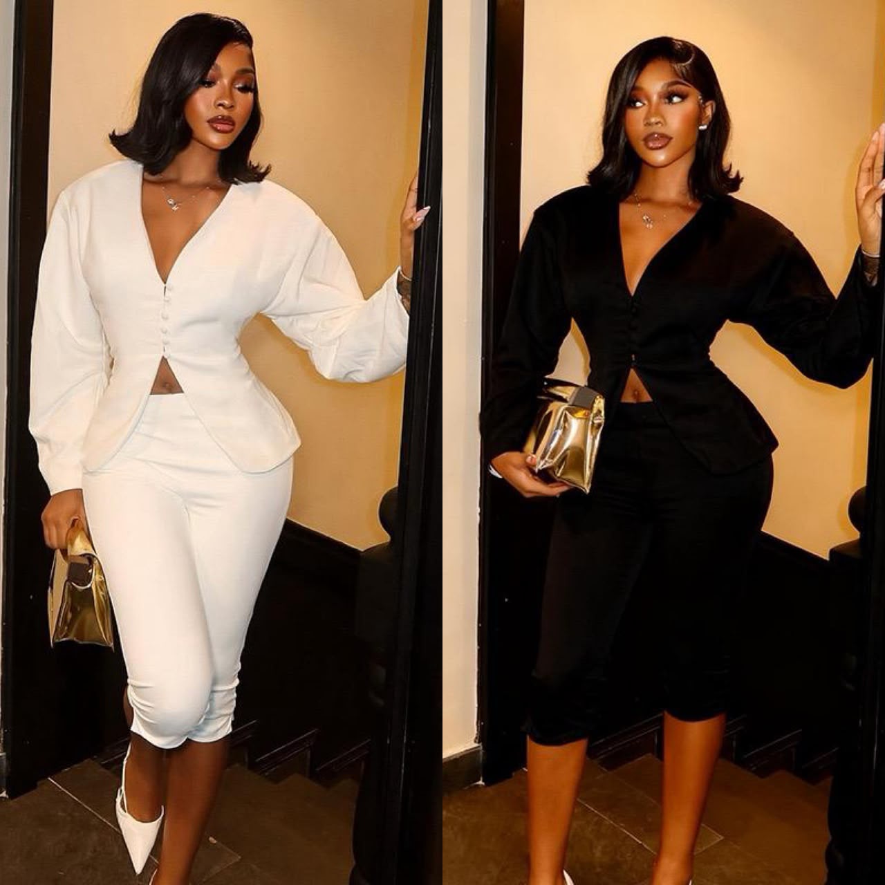 Women's Chic Plunge V-Neck Button-Up Peplum Blazer & Ruched Capris Two-Piece Set - Image 2