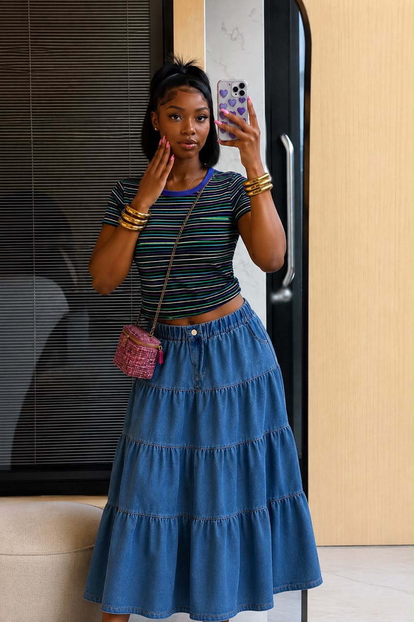 Vintage Tiered Denim Maxi Skirt - Image 6