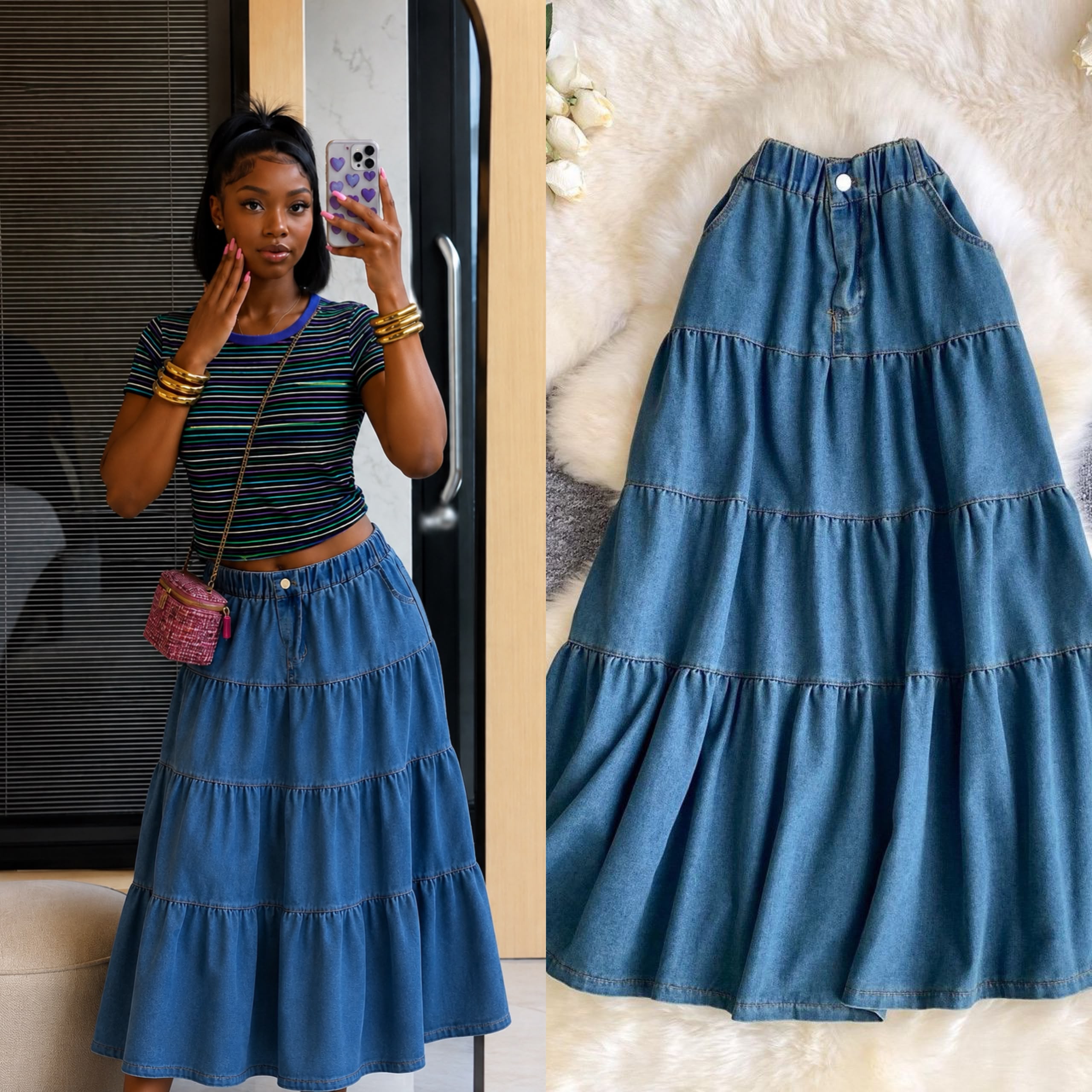 Vintage Tiered Denim Maxi Skirt - Image 5
