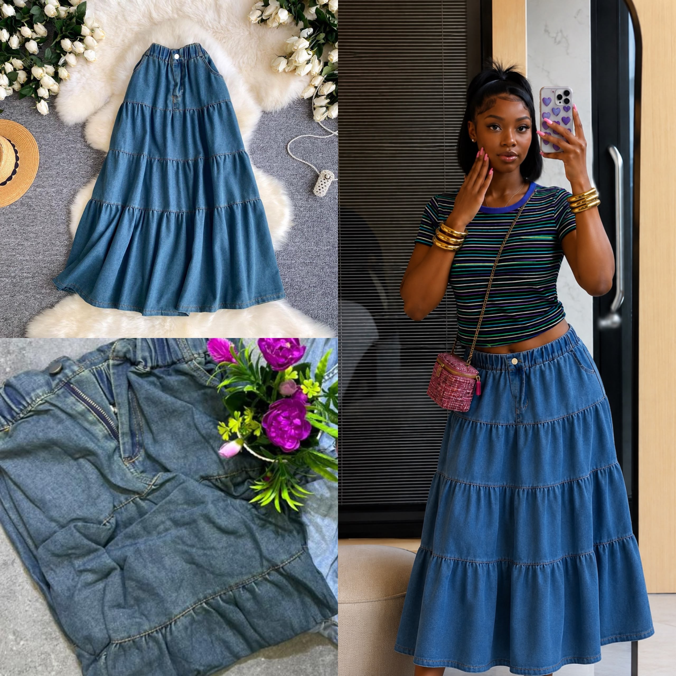 Vintage Tiered Denim Maxi Skirt