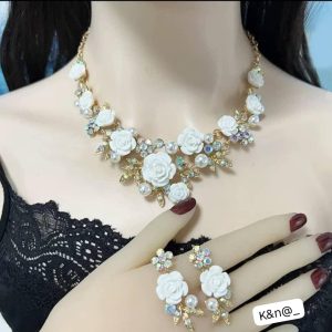 Gold Plated Sculpted Floral Statement Necklace and Coordinating Drop Earrings Duo