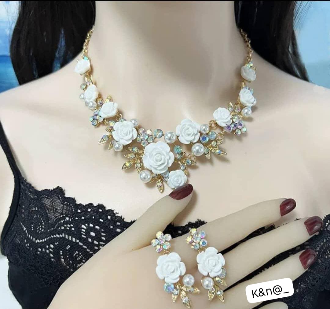 Gold Plated Sculpted Floral Statement Necklace and Coordinating Drop Earrings Duo