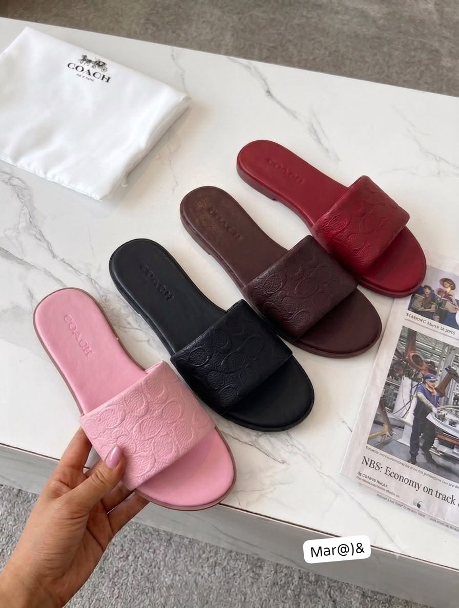 Coach New York Women's Signature Debossed Leather Slide Sandals