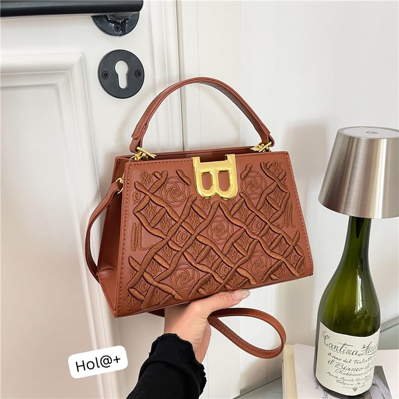 Premium Floral Embossed Trapeze Top Handle Bag