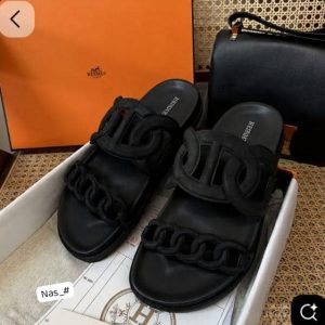 Hermès Chaine d'Ancre Interlocking Leather Platform Slides
