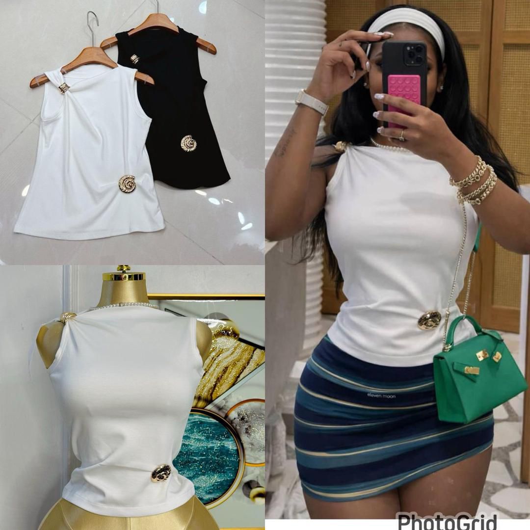 Women’s Elegant Draped One-Shoulder Tank Top with Gold Hardware Accent