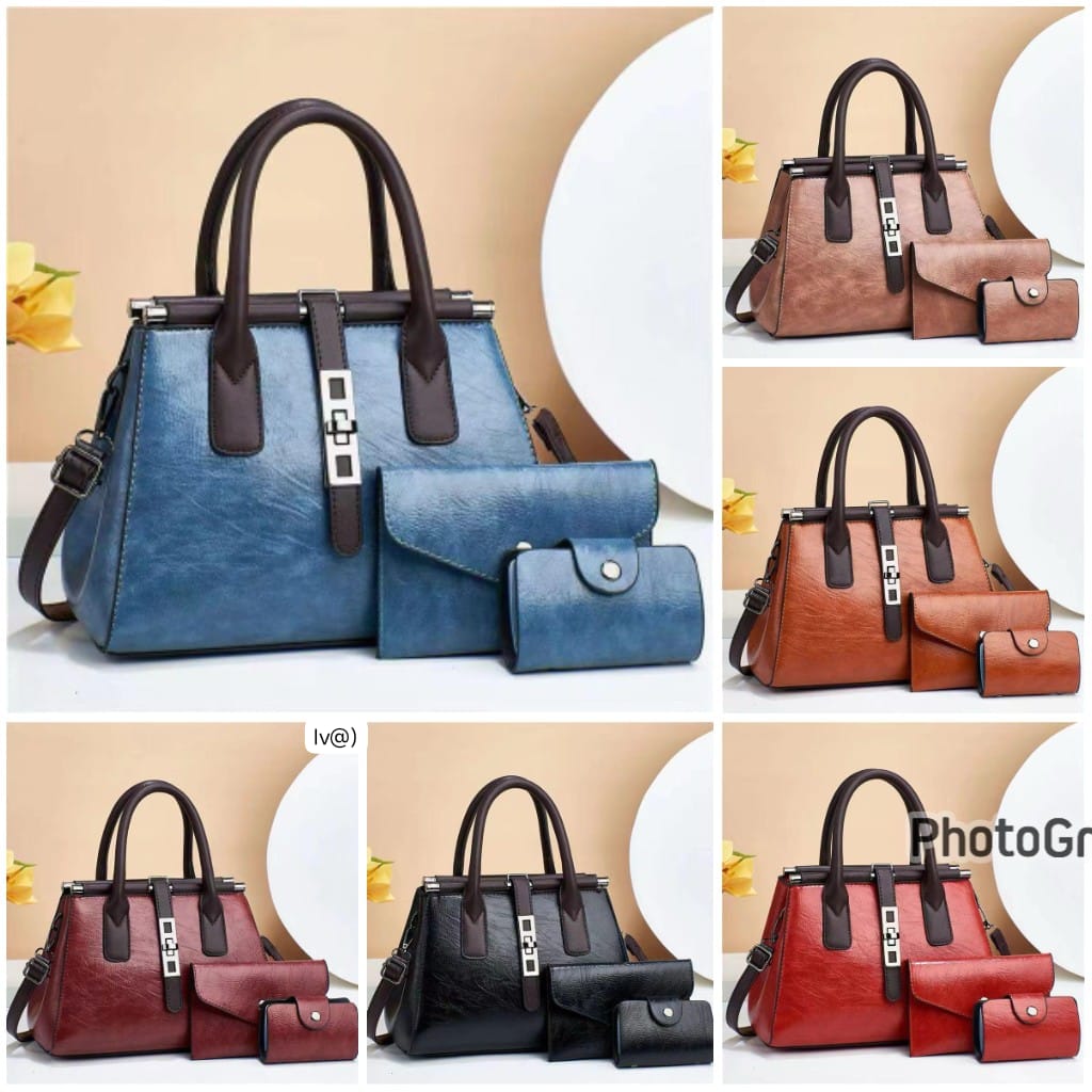 Structured Vintage Leather Tote Bag with Matching Envelope Clutch Bag Set
