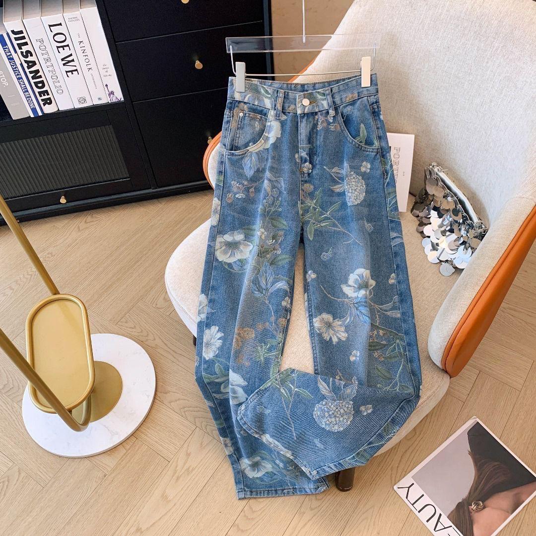 Vintage Floral Print High-Waisted Wide-Leg Jeans – Chic Denim Trousers - Image 6