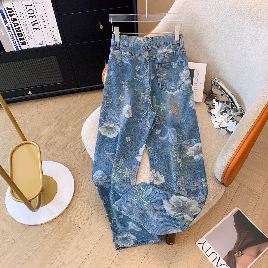 Vintage Floral Print High-Waisted Wide-Leg Jeans – Chic Denim Trousers - Image 5
