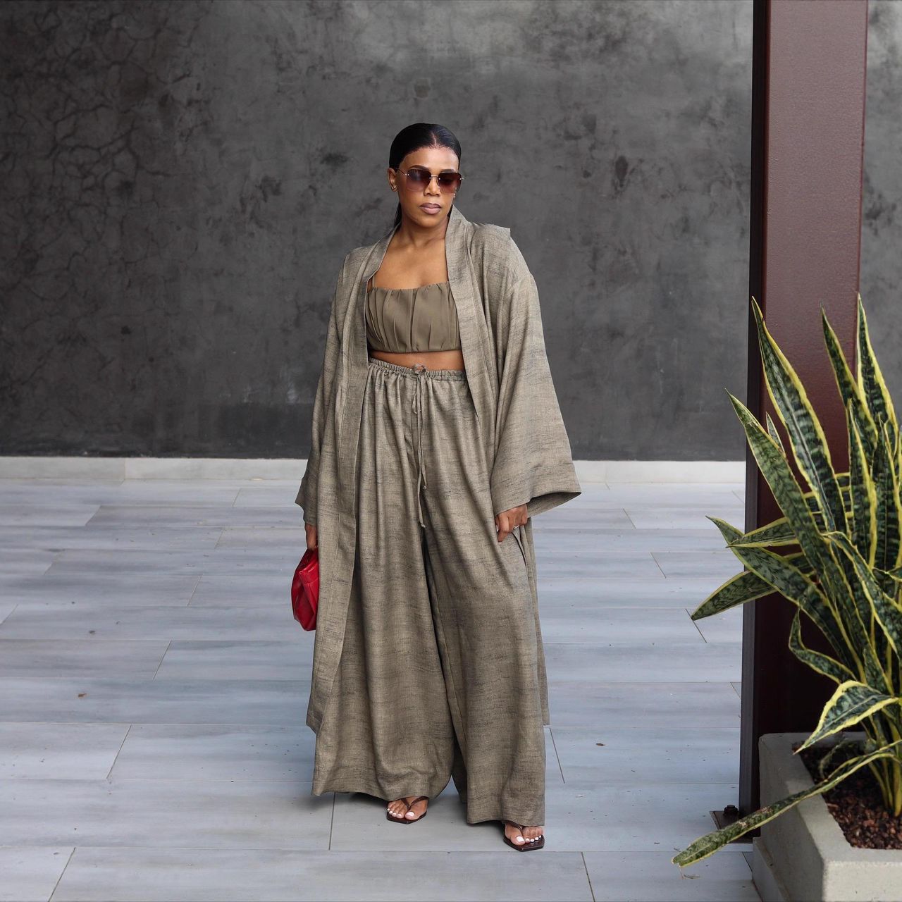 Women’s 3-Piece Linen-Look Kimono Set – Crop Top, Wide-Leg Pants & Long Duster