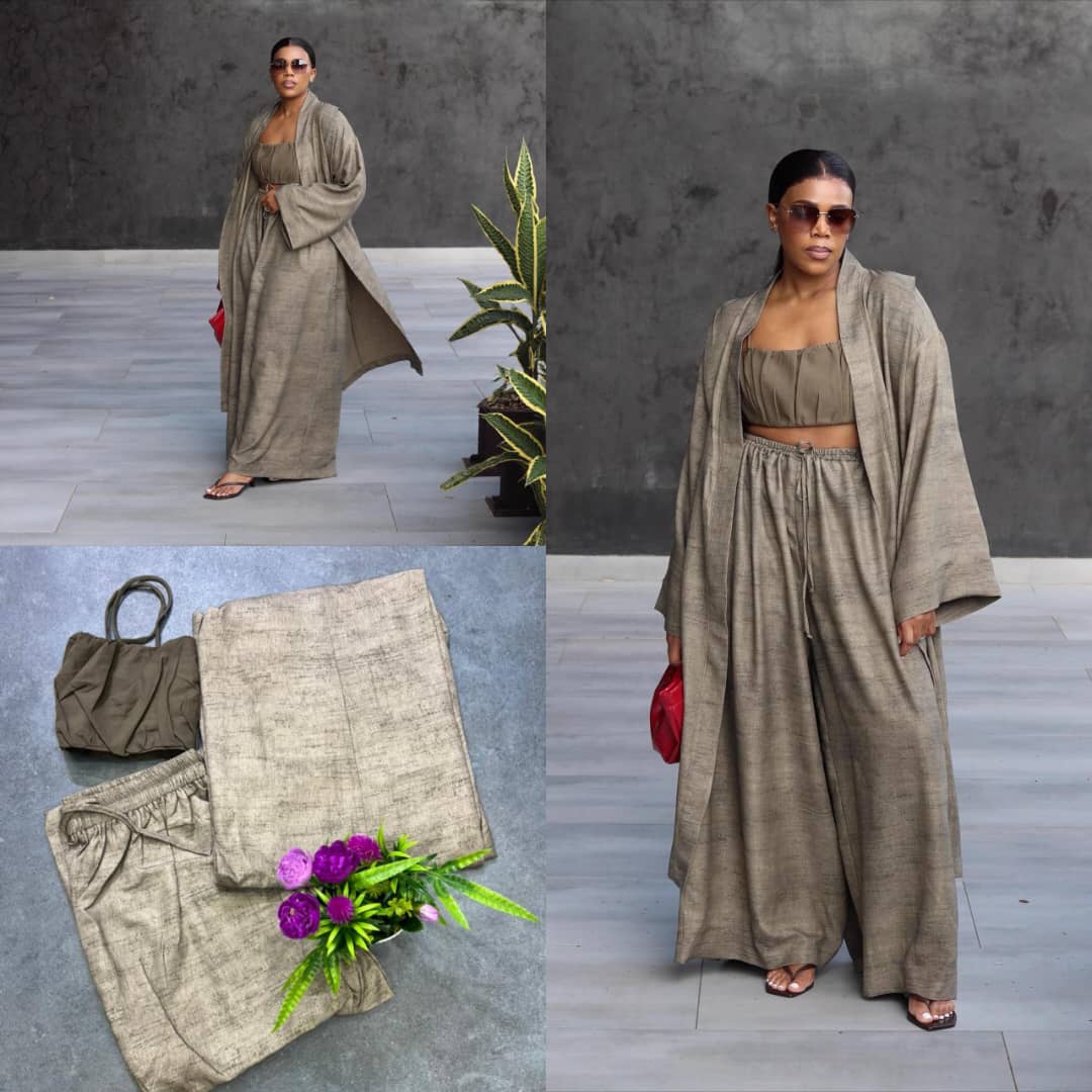 Women’s 3-Piece Linen-Look Kimono Set – Crop Top, Wide-Leg Pants & Long Duster - Image 5
