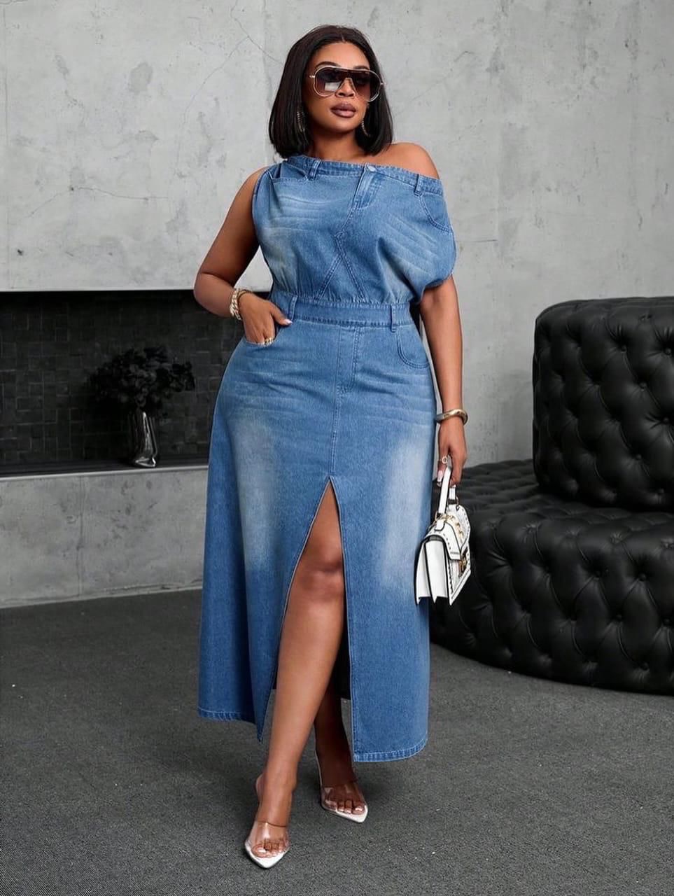 Women’s Off-Shoulder Denim Midi Dress – Asymmetrical Slit Casual Maxi Jean Dress - Image 2