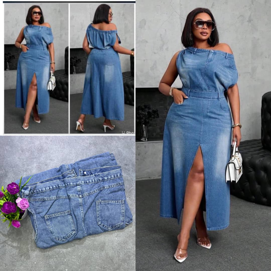 Women’s Off-Shoulder Denim Midi Dress – Asymmetrical Slit Casual Maxi Jean Dress