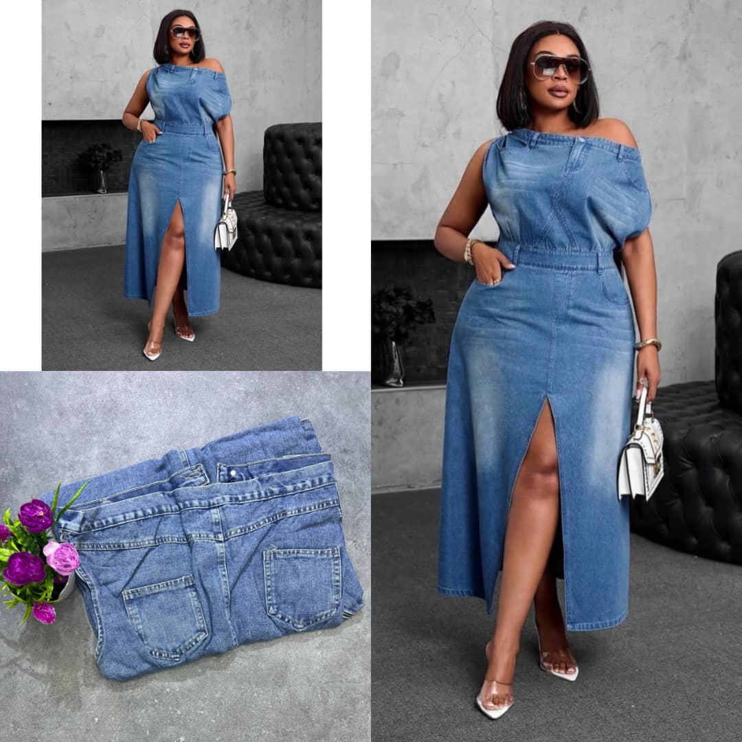 Women’s Off-Shoulder Denim Midi Dress – Asymmetrical Slit Casual Maxi Jean Dress - Image 4