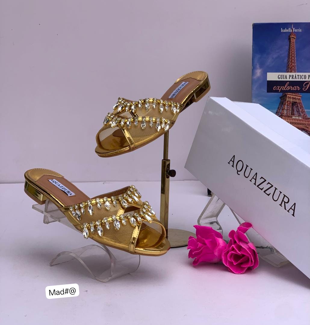 AQAZZURA Metallic Crystal Embellished Low-Heel Mules
