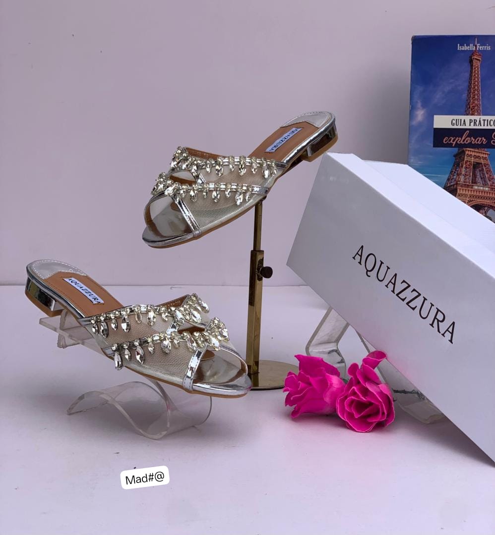 AQAZZURA Metallic Crystal Embellished Low-Heel Mules - Image 2