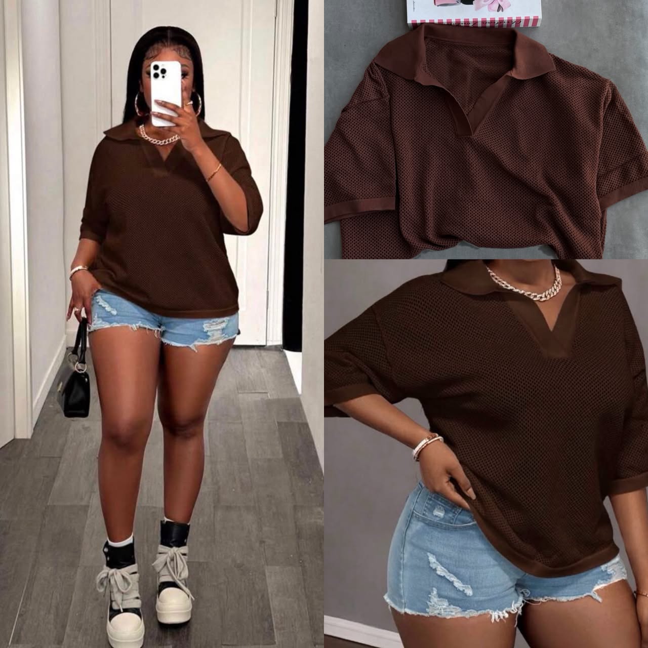 Women's Oversized Mesh Knit Polo Top – Chocolate Brown - Image 2