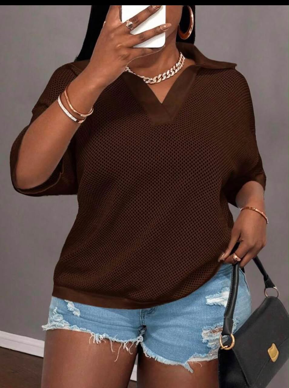 Women's Oversized Mesh Knit Polo Top – Chocolate Brown - Image 3