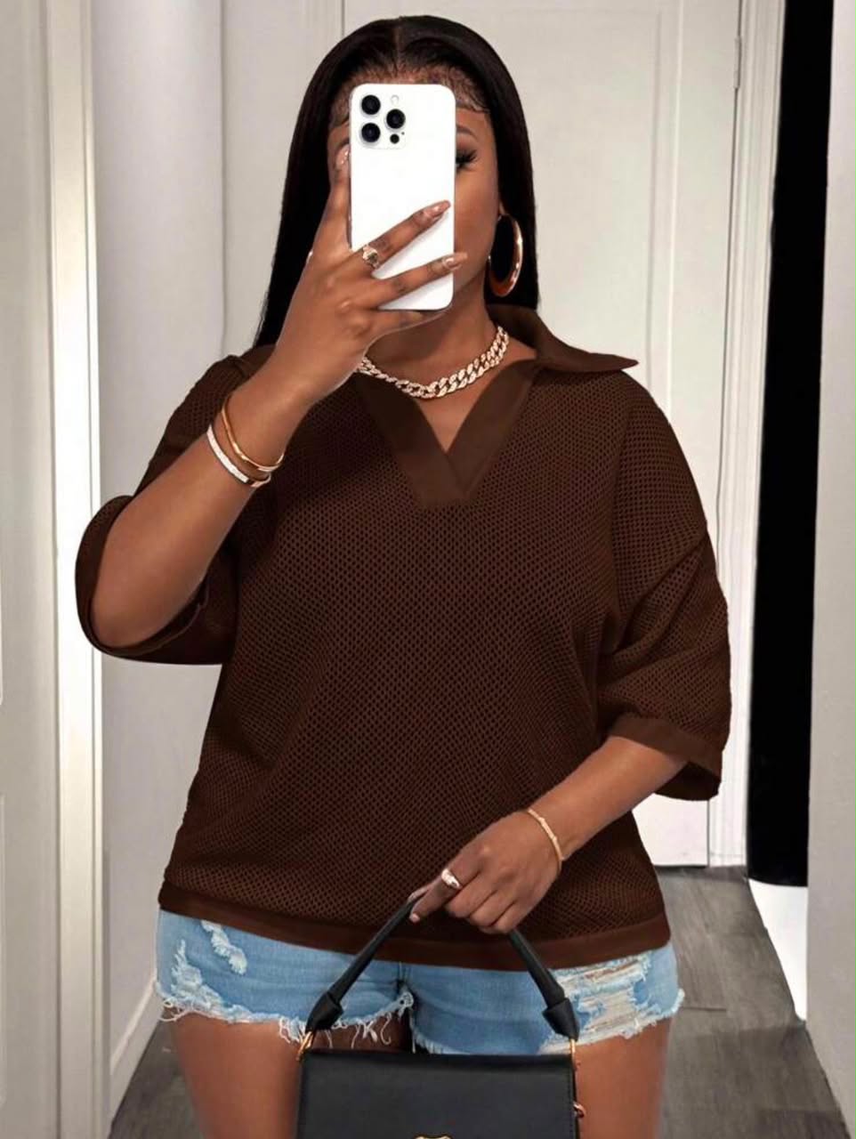 Women's Oversized Mesh Knit Polo Top – Chocolate Brown - Image 4