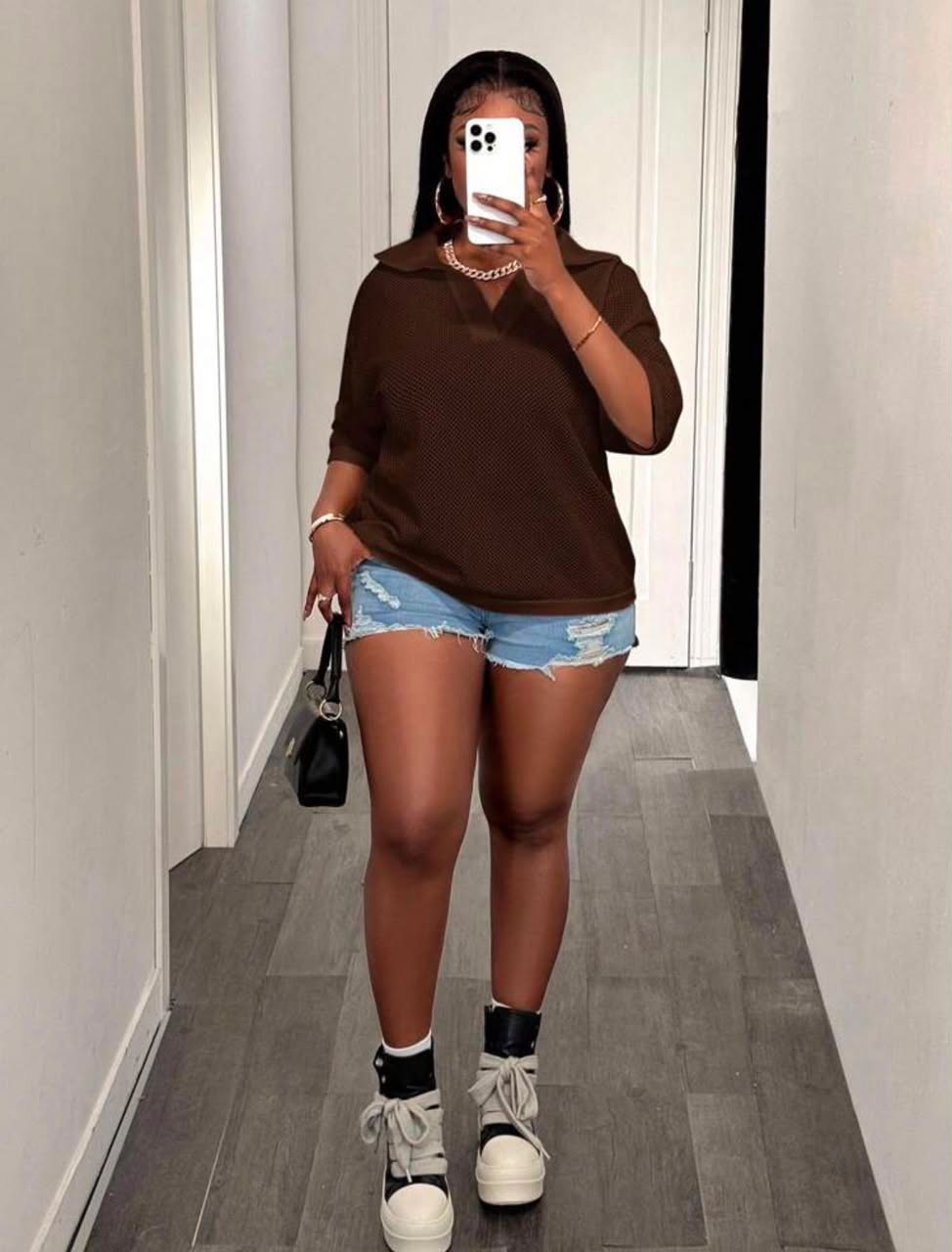 Women's Oversized Mesh Knit Polo Top – Chocolate Brown - Image 5