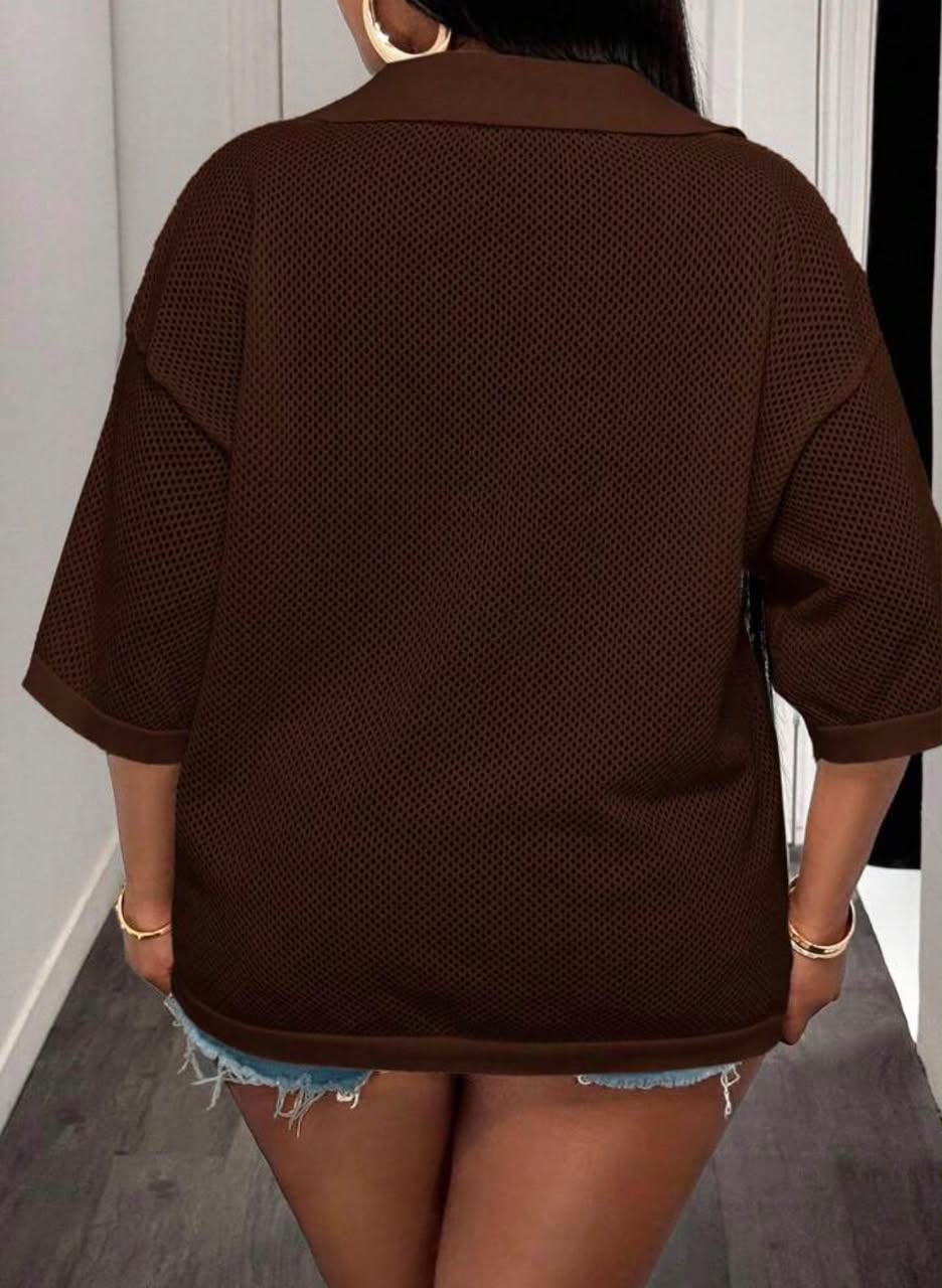 Women's Oversized Mesh Knit Polo Top – Chocolate Brown - Image 6