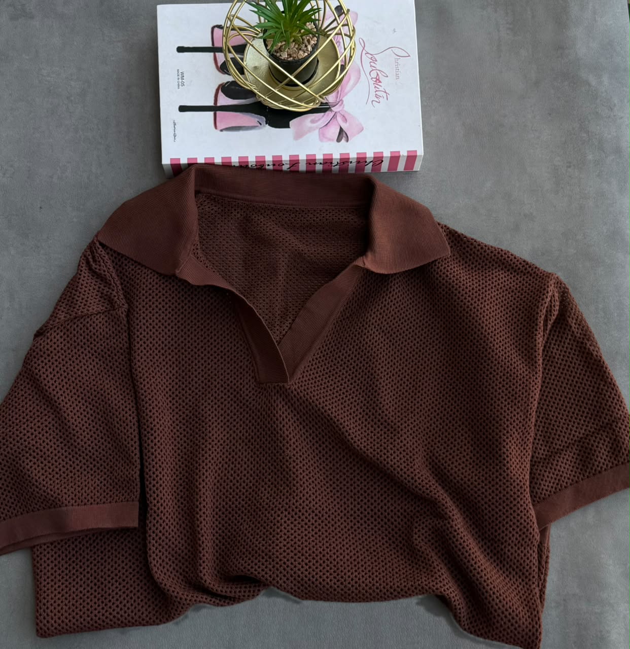Women's Oversized Mesh Knit Polo Top – Chocolate Brown