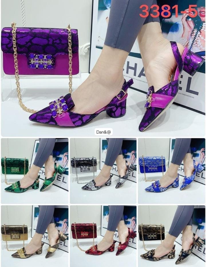 Textured Faux-Snakeskin Pointed-Toe Slingback Block Heels Matched with Bag