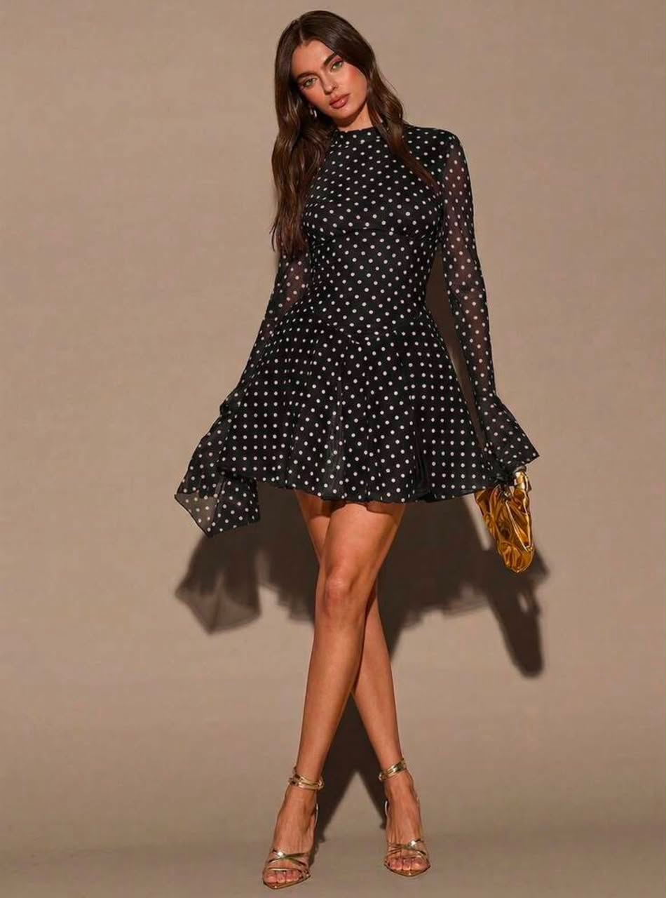Backless Lace-Up Mesh Flare Dress - Women’s Polka Dot Mock-Neck Mini Dress. - Image 5