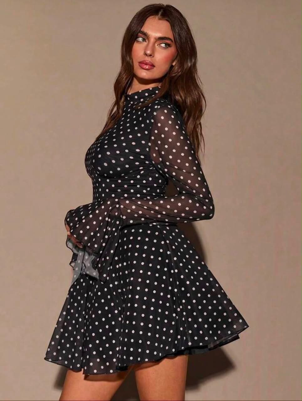 Backless Lace-Up Mesh Flare Dress - Women’s Polka Dot Mock-Neck Mini Dress. - Image 4