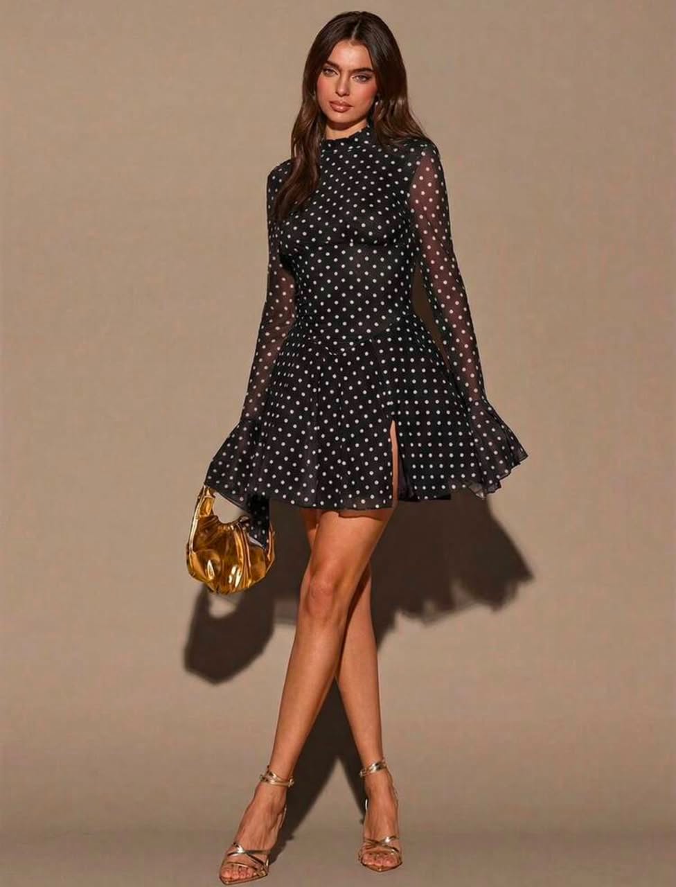 Backless Lace-Up Mesh Flare Dress - Women’s Polka Dot Mock-Neck Mini Dress. - Image 3