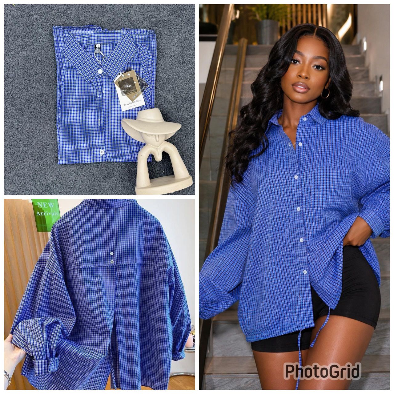 Women’s Oversized Plaid Button-Down Shirt with Split-Back Detail – Royal Blue - Image 2