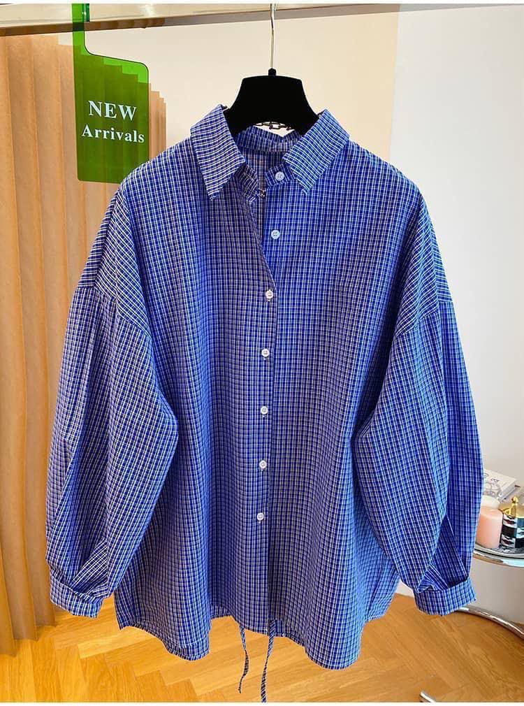 Women’s Oversized Plaid Button-Down Shirt with Split-Back Detail – Royal Blue