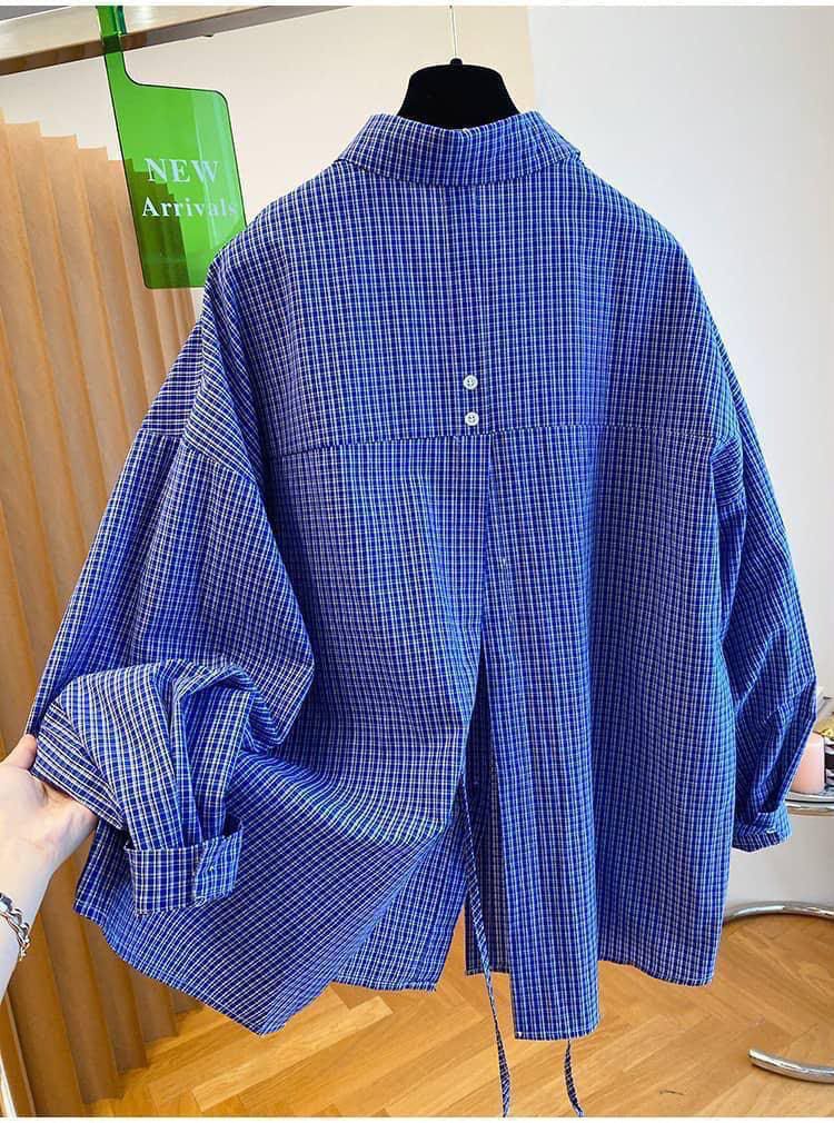 Women’s Oversized Plaid Button-Down Shirt with Split-Back Detail – Royal Blue - Image 4