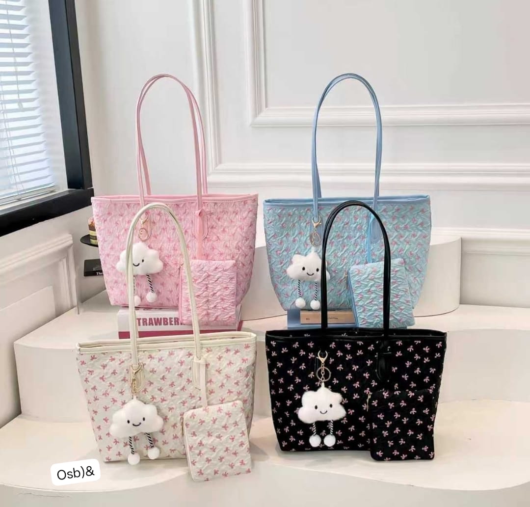 Spacious Shoulder Handbag with Matching Mini Zipper Pouch & Plush Smiling Cloud Charm