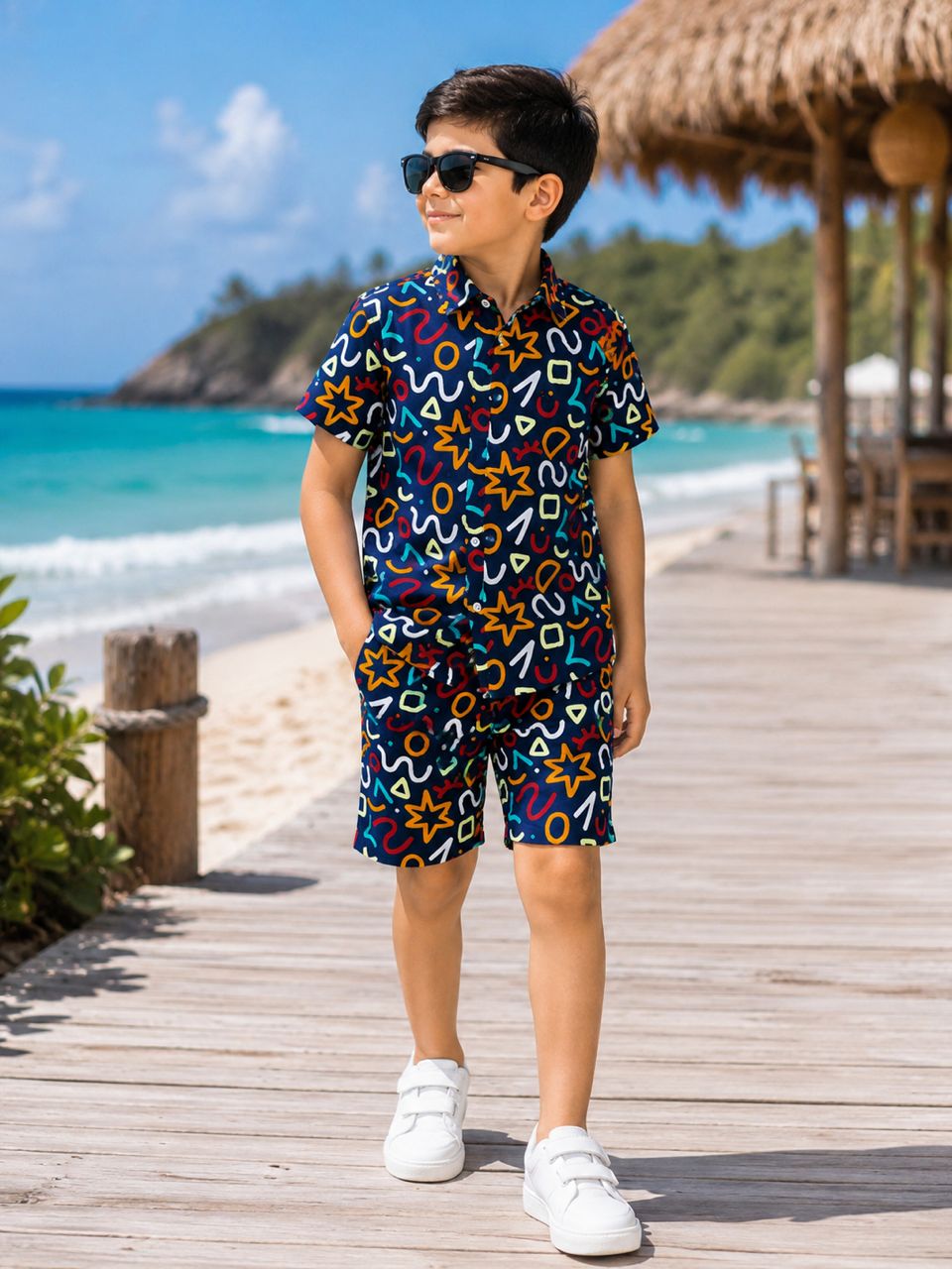 Smart Casual Navy Blue Short-Sleeve Button-Down Shirt and Matching Shorts