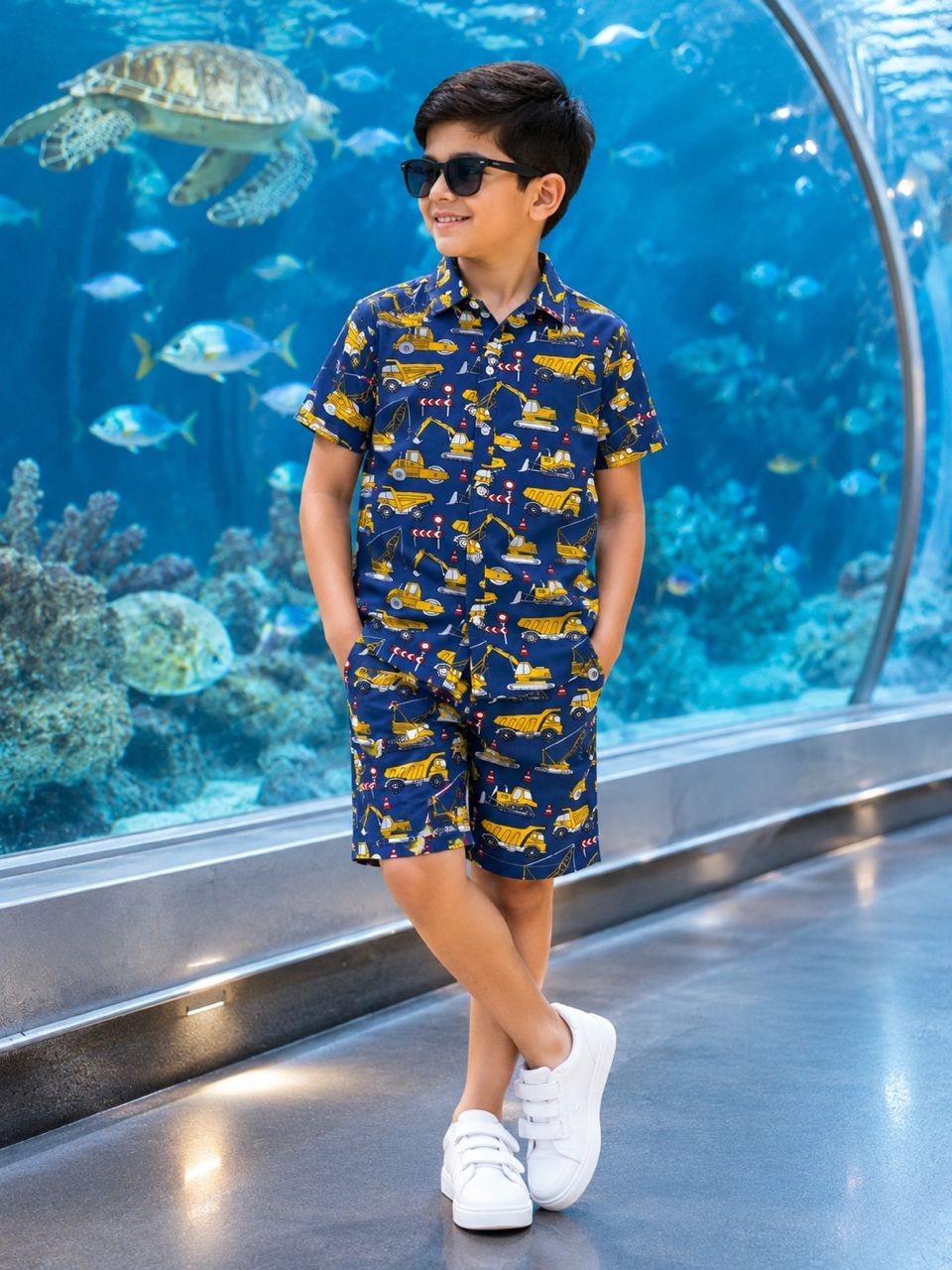 Smart Casual Navy Blue Short-Sleeve Button-Down Shirt and Matching Shorts