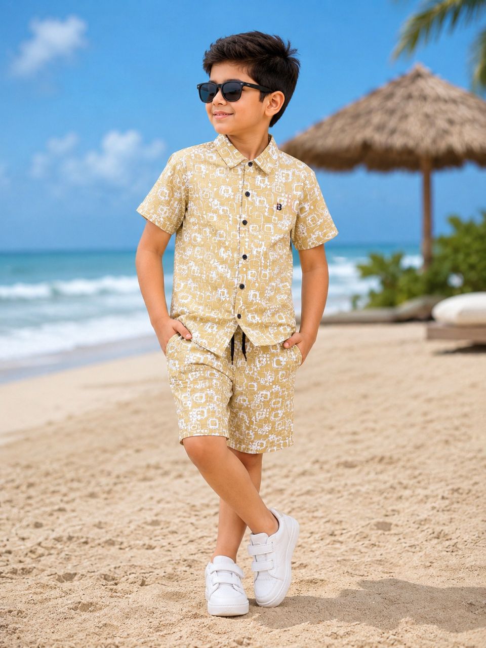 Smart Casual Mustard Yellow Short-Sleeve Button-Down Shirt and Matching Shorts