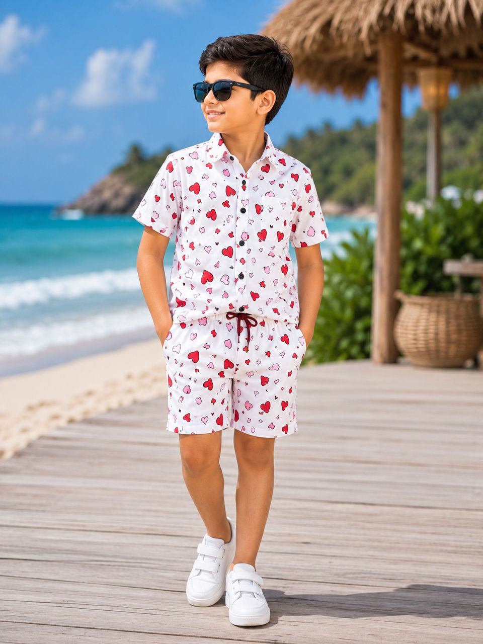 Smart Casual Crisp White Short-Sleeve Button-Down Shirt and Shorts