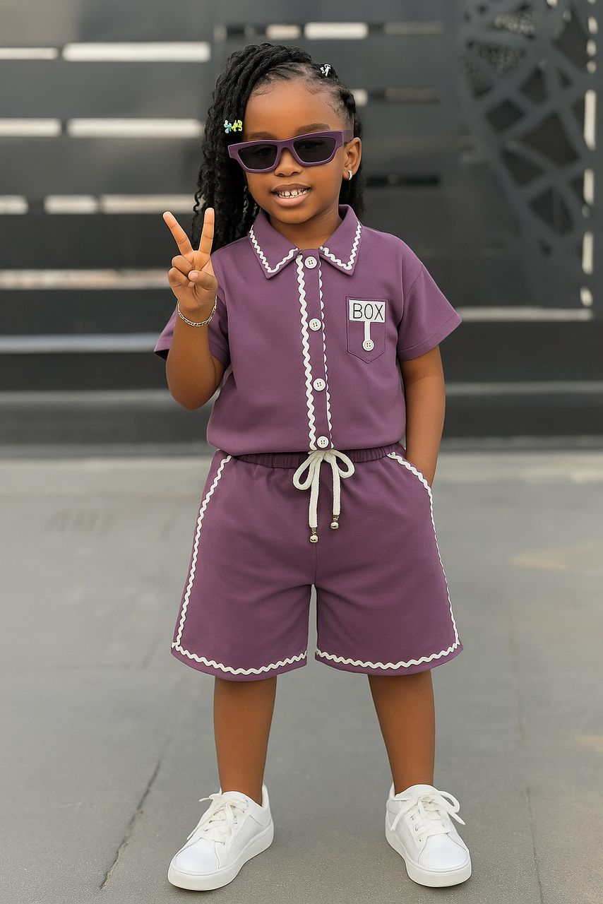 Girls' Premium Short-Sleeve Button-Down Shirt and Drawstring Shorts Set